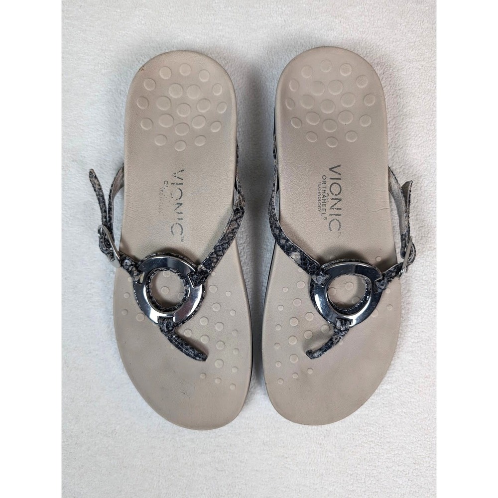 Vionic Amber Sandals Women 9 Grey Snakeskin Excellent Thong Womens - Picture 3 of 8